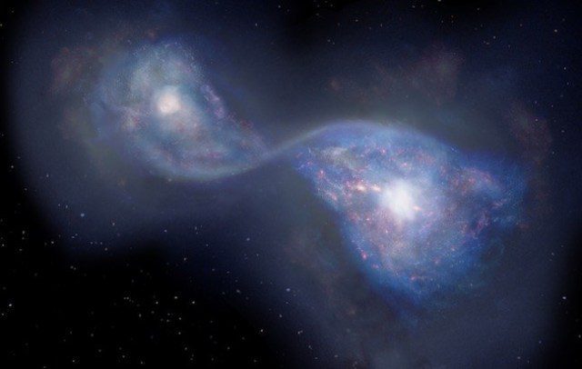 Ilustrasi penggabungan galaksi B14-65666 yang berada 13 miliar tahun cahaya. Kredit: National Astronomical Observatory of Japan.